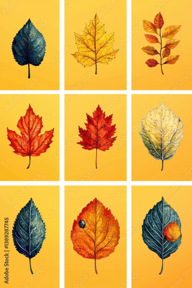 Obraz premium Collection of colorful autumn leaves on a vibrant yellow background