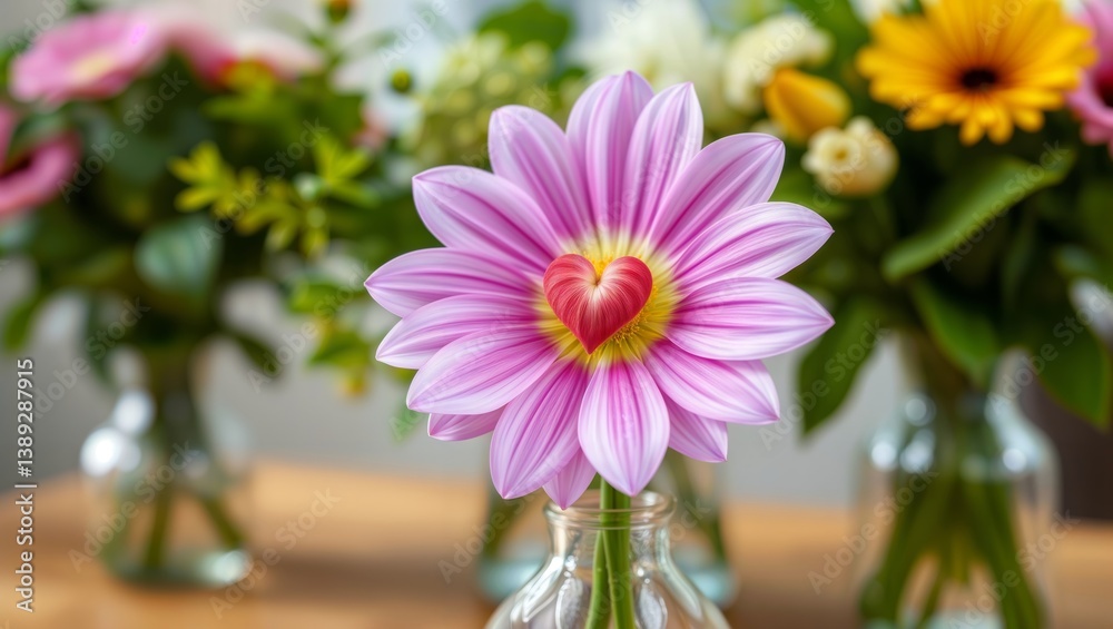Heart flower blossom. Pink dahlia flower with heart-shaped center in focus against blurred floral arrangement background, symbolic of love and affection.