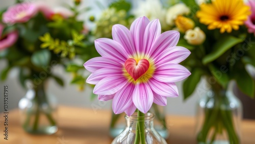 Obraz na płótnie Heart flower blossom. Pink dahlia flower with heart-shaped center in focus against blurred floral arrangement background, symbolic of love and affection. w salonie