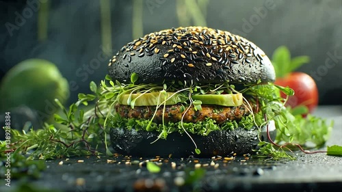 Steaming black bun burger with avocado, sprouts, and pesto photo