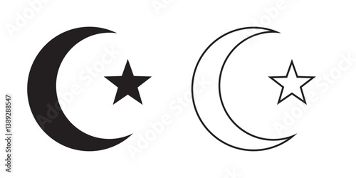 Islam symbol. Islam icon in two style. Crescent moon and star.