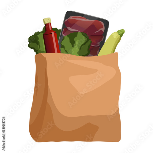 Grocery bag filled with fresh food items like greens, meat, sauce, and zucchini, in flat graphic style on a white background. Vector illustration