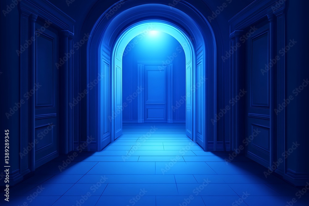Obraz premium Blue hallway with arched ceilings and closed doors. Dark ominous mood, waiting for something or someone