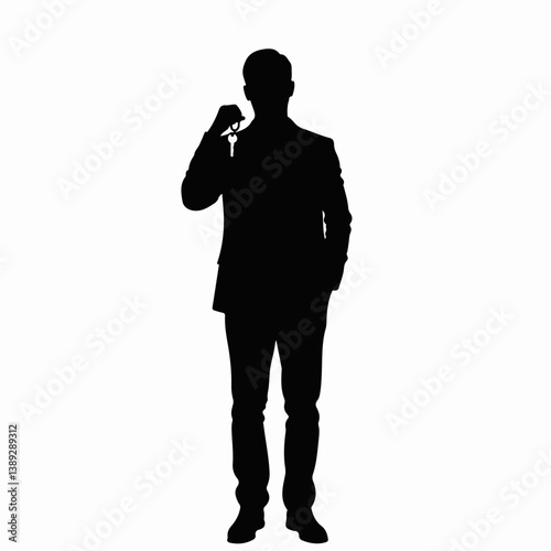 Businessman holding keys in silhouette against white background  