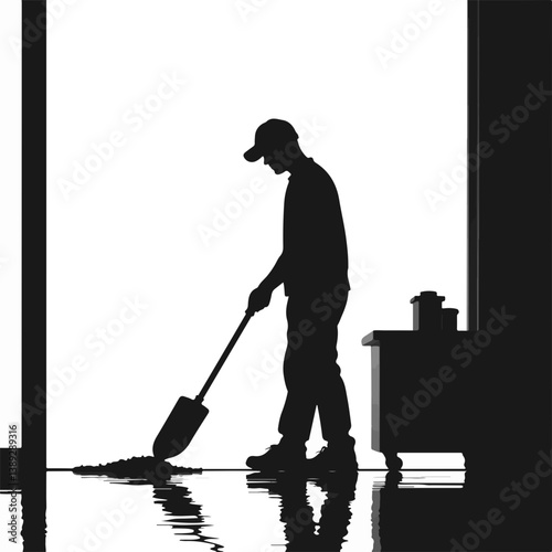 Worker cleaning a floor with a shovel against a bright background  