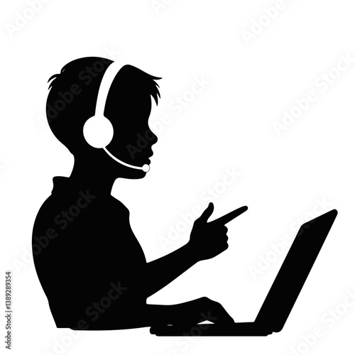 Child wearing headset engaged in online learning  