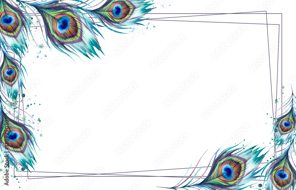 Obraz premium Peacock feathers on a white background, hand-painted. Rectangular holiday card frame, design for Diwali, Janmashtami festival. Watercolor illustration. A clipart for printing and arranging invitations