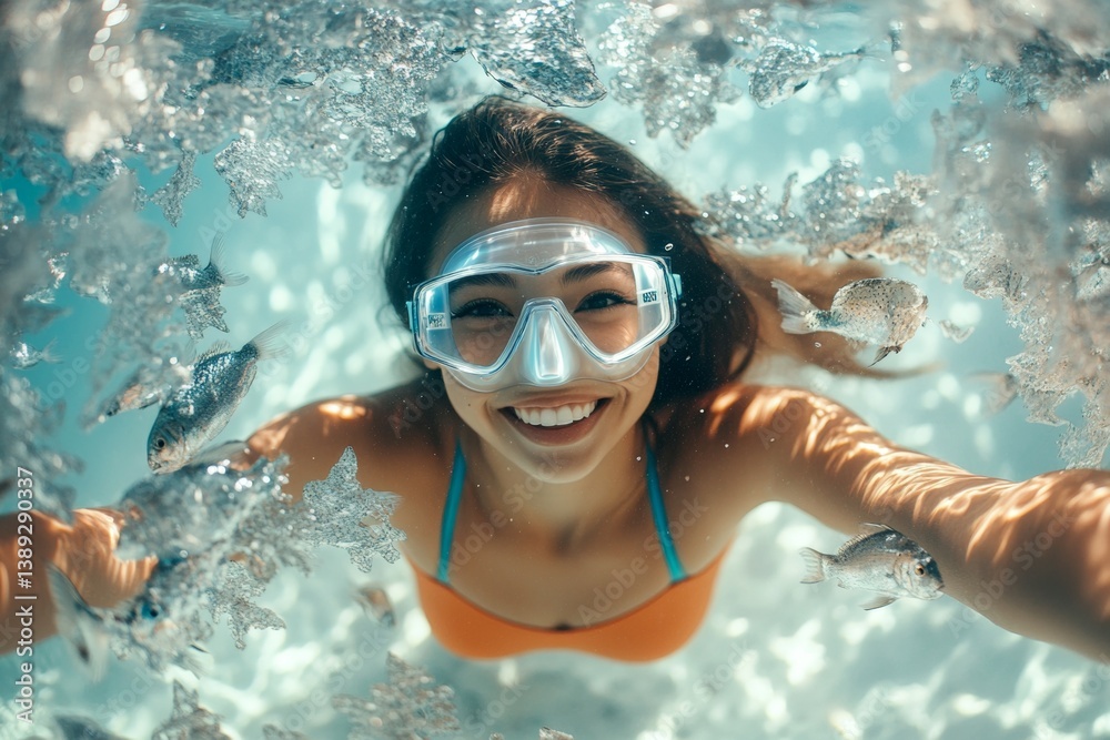 Fototapeta premium Summer vacation beach fun. A stunning and sexy happy asian young woman with medium hair in a swimming mask and fins snorkeling among the corals. A dense school of silver fish swims next to her.