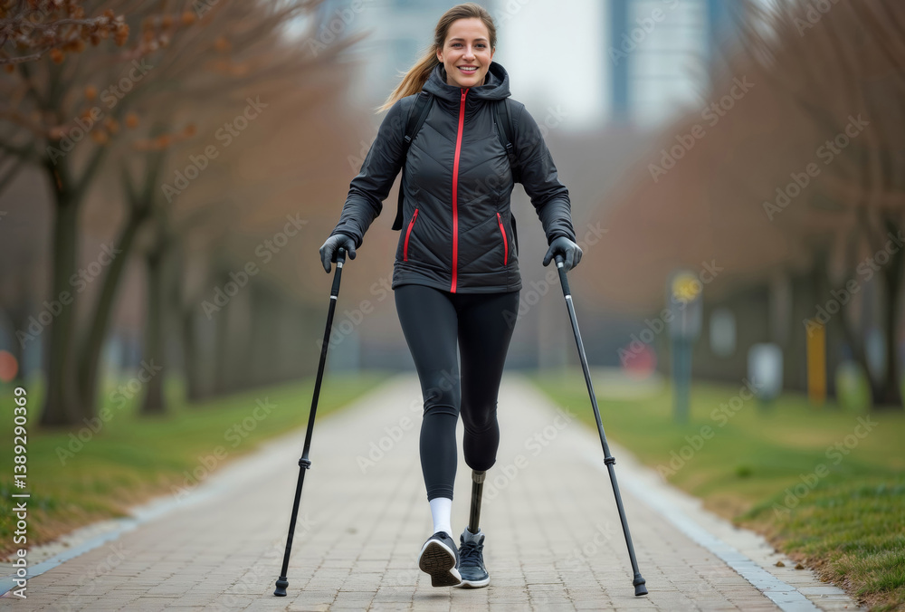 Nordic walking with prosthetic leg. Smiling woman using trekking poles while walking on urban pathway with prosthetic leg visible, wearing black winter sportswear with red accents.