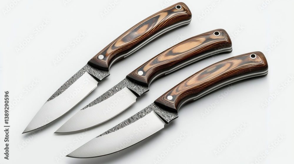 Fototapeta premium Three Handcrafted Knives with Dark Brown Handles and Patterned Steel Blades on White Background