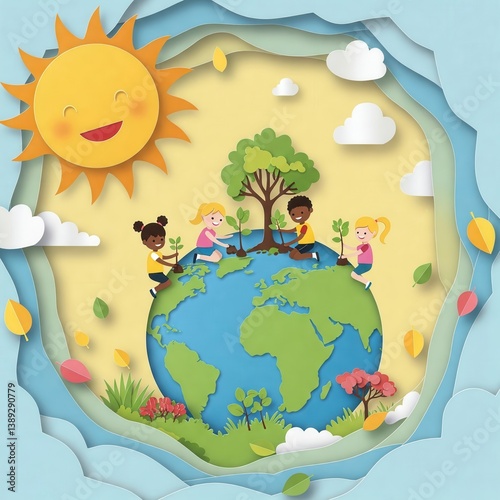 A bright illustration depicting children planting trees on a stylized Earth under a smiling sun.