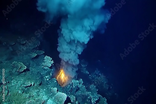 Deep ocean hydrothermal vent erupting hot mineral water, undersea volcanic activity, background