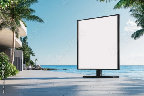 Vertical white billboard on a beachside walkway, with a vibrant blue sky, perfect for showcasing custom advertisements.
