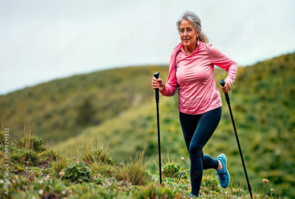 Senior nordic walking. Mature woman in pink athletic shirt using trekking poles while climbing grassy hillside, expressing joy and vitality against rural landscape.