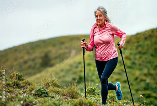 Obraz na płótnie Senior nordic walking. Mature woman in pink athletic shirt using trekking poles while climbing grassy hillside, expressing joy and vitality against rural landscape. w salonie