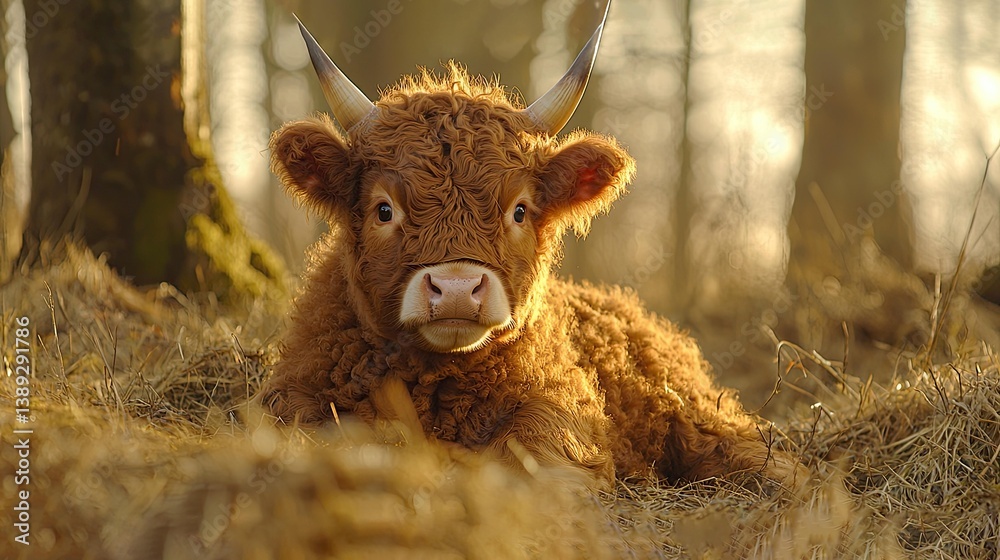 Fototapeta premium Highland Calf in the Golden Forest: A Majestic Portrait of a Young Highland Cow in its Natural Habitat