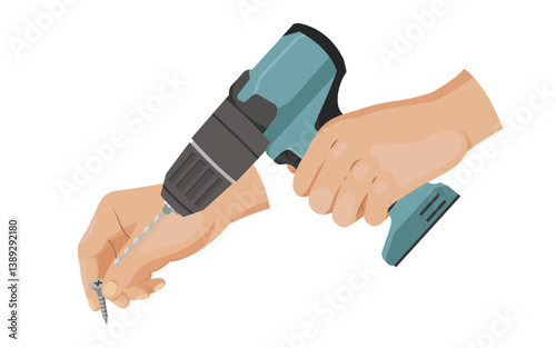 Human hands operating electric drill to insert screw, flat graphic style, isolated on white background. Concept of tool use and construction. Vector illustration