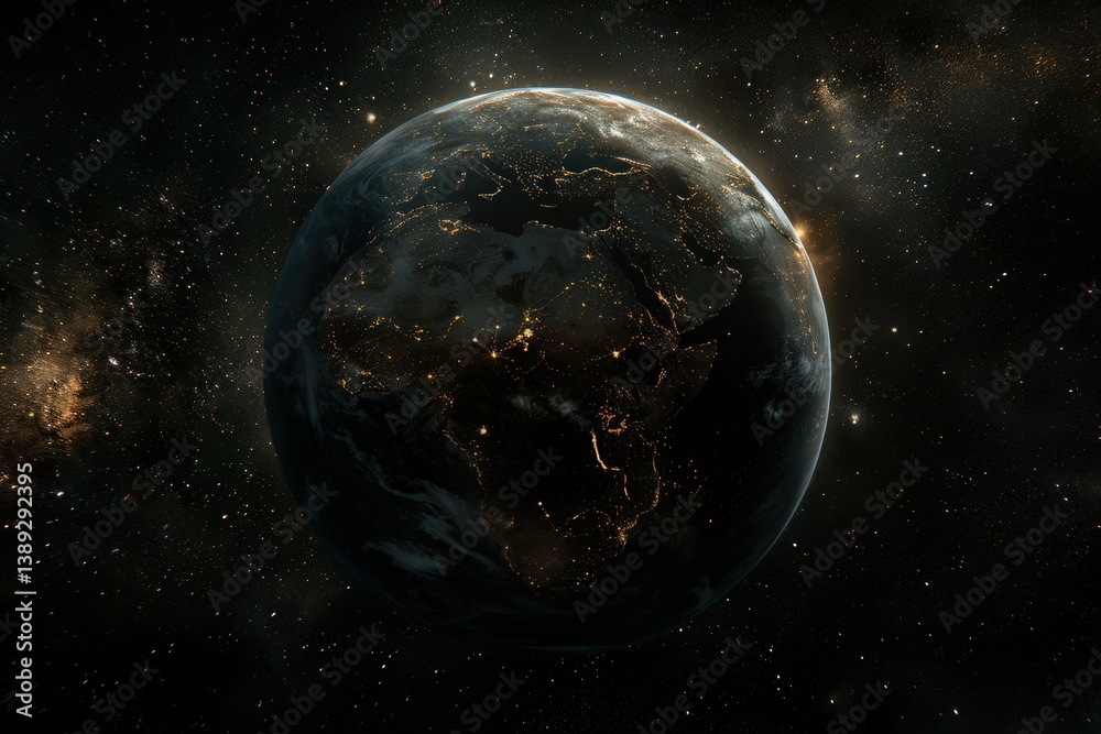 Obraz premium Earth illuminated in cosmic space with starry background.