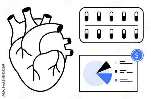Anatomical heart, pill blister pack, pie chart with dollar sign. Ideal for health, medicine, cardiology, finance, cost analysis pharmaceutical wellness. Flat simple metaphor