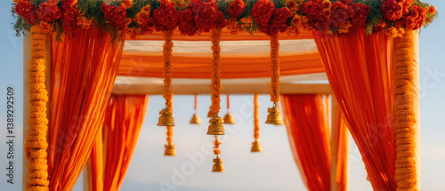 Beautiful mandap decoration ideas for indian weddings with orange fabric photo