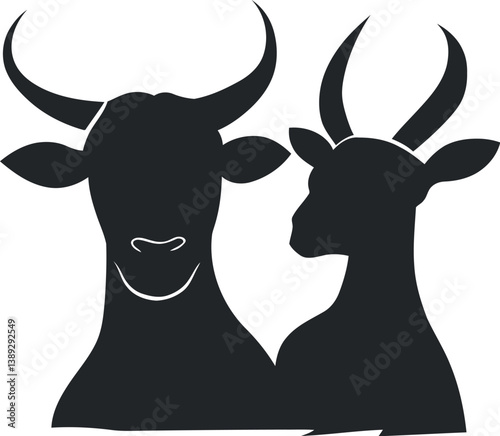 Bull and Antelope Silhouette PNG Vector, Wildlife Animal Pair Illustration PNG Vector, Minimalist Black Animal Clipart PNG Vector, Elegant Horned Creatures Art PNG Vector, High-Quality Transparent Nat