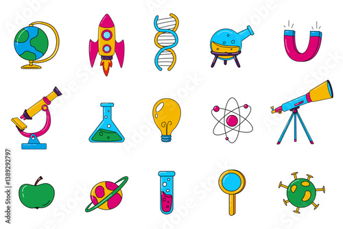 Colorful cartoon-style science and education icons, including lab equipment, space elements, DNA, and scientific symbols. Perfect for educational materials, school projects, apps, and infographics.