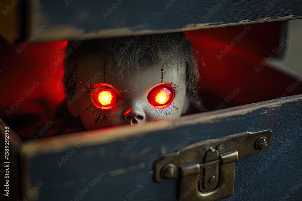 A haunted doll with glowing red eyes peeking from a toy chest