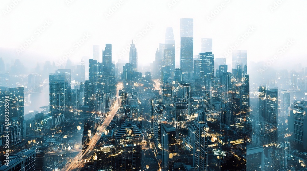 Fototapeta premium Futuristic Cityscape with Double Exposure and AI Generated Effects