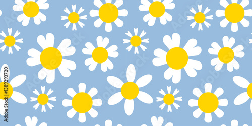 Seamless floral pattern with white daisy flowers on a soft blue background. Cheerful minimalistic design perfect for textiles, wallpapers, wrapping paper, and spring-themed projects