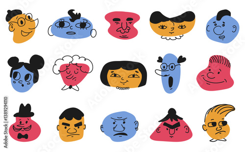 Collection of abstract doodle-style faces with various expressions in vibrant colors. Fun and quirky cartoon characters perfect for modern design, stickers, avatars, or creative projects