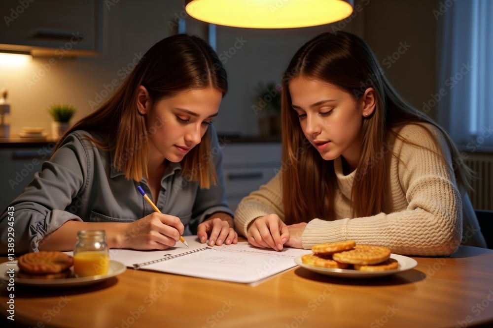 Evening Study Session. Two teenage girls collaborate on homework at a kitchen table, sharing warmth and academic focus.