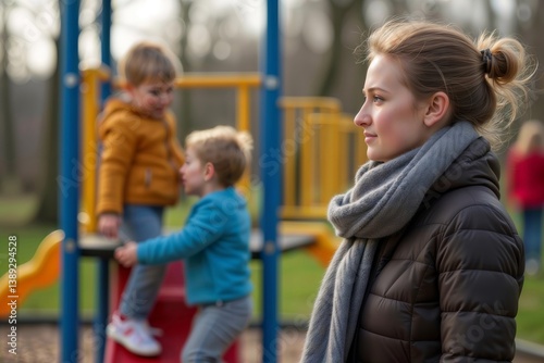 Obraz na płótnie Playground Supervision. A caregiver watches children play on a playground, attentive and protective in a calm outdoor setting. w salonie