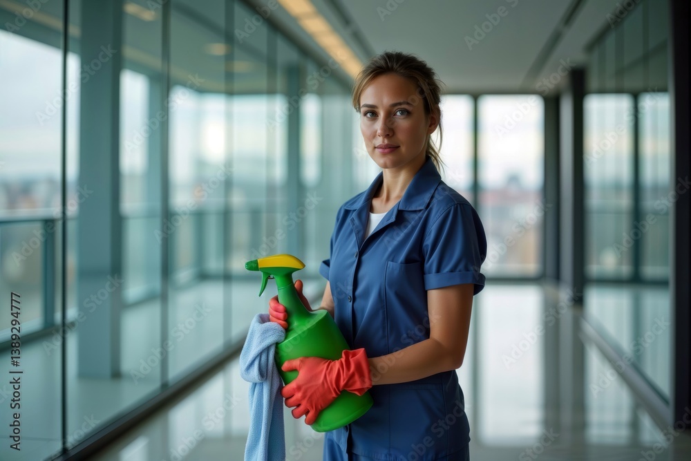Determined refugee cleaning lady. Portrait of a young Ukrainian woman working as a cleaner in a modern building, showing resilience.