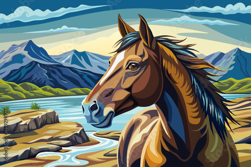Horse portrait close up on a polished stone platform with subtle mountain silhouettes