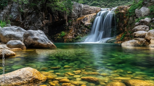 Serene waterfall cascading into a crystal-clear pool photo