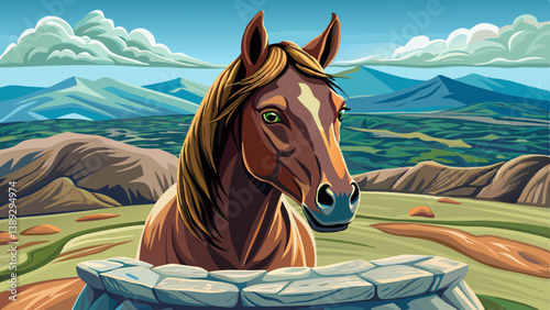Horse portrait close up on a polished stone platform with subtle mountain silhouettes