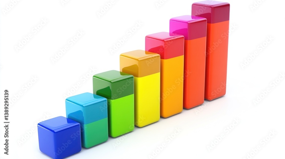 Colorful 3D Bar Graph, Ascending Rainbow Blocks Illustrating Growth and Progress Colorful 3D Bar Graph, Ascending Rainbow Blocks Illustrating Growth and Progress