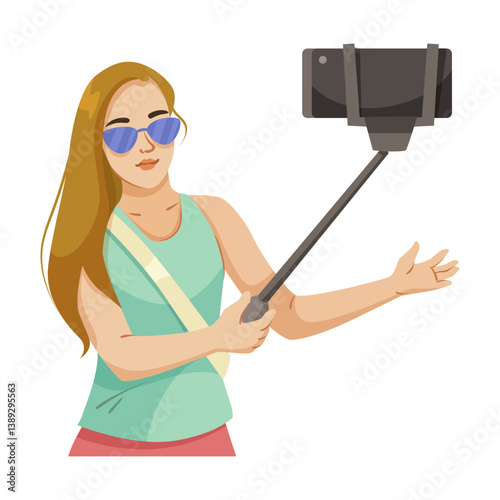Woman with long hair using a selfie stick and smartphone, flat graphic style, isolated on white background. Concept of social media and travel. Vector illustration