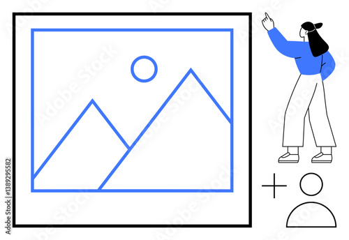 Woman pointing at photo with mountains and sun, symbols for user and addition. Ideal for content creation, user interaction, gallery management, curation, collaboration, design feedback, flat simple