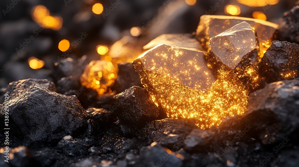 Close up of glowing gold ore in the dark, rough rock with light flares for concept images Close up of glowing gold ore in the dark, rough rock with light flares for concept images
