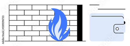 Blue flame beside brick wall representing firewall concept near digital wallet icon. Ideal for cyber security, blockchain, online transactions, data protection, financial safety, privacy management