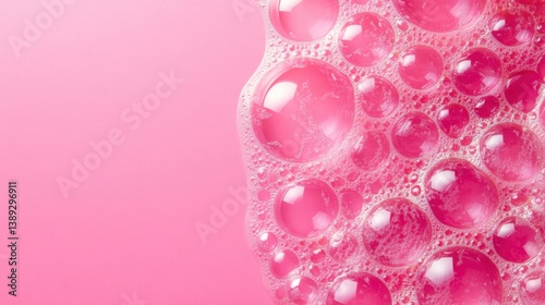 Pink Soap Bubbles on Soft Pink Background, Gentle Abstract Texture Ideal for Cosmetics and Beauty Themes.