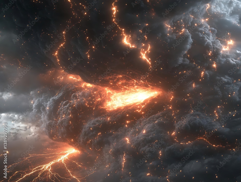 Dramatic storm clouds erupt with fiery lightning, creating a powerful, cinematic scene that evokes awe Dramatic storm clouds erupt with fiery lightning, creating a powerful, cinematic scene that evokes awe