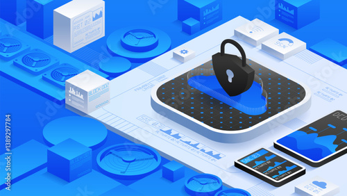 Next-generation cloud security with powerful encryption and antivirus defense. Protect critical data, ensure privacy, and eliminate cyber threats with cutting-edge technologies. Vector illustration