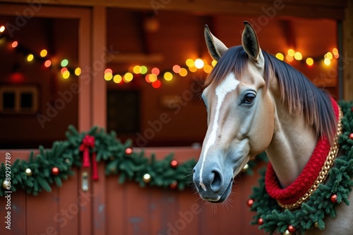 A close-up of a horse adorned with a festive red and gold garland around its neck. The background showcases a warm barn filled with colorful Christmas decorations and twinkling lights
