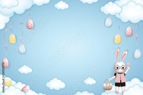 Happy Easter frame, dressed Bunny boy in glasses holds a basket of Easter eggs on blue background with clouds and easter eggs tied with a ribbon to the clouds, free space in the middle