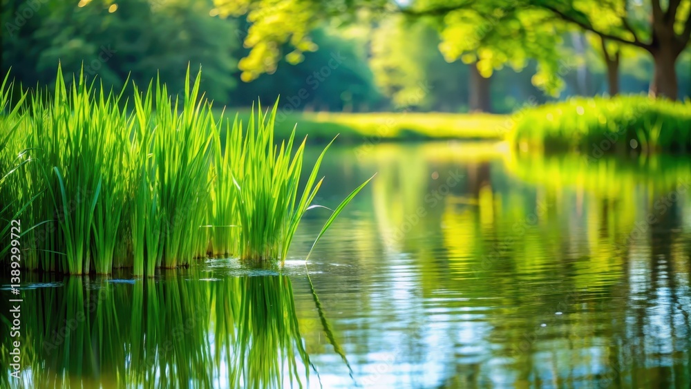 Obraz premium Serene Pondside Vegetation Reflecting in Still Water, Lush Greenery and Tranquil Natural Scene