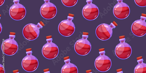 Seamless pattern of magical red potions in glass bottles, designed in a vibrant cartoon style. Ideal for fantasy games, UI elements, digital prints, and game-themed projects.
