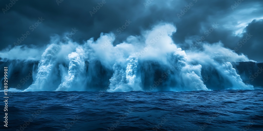 Naklejka premium Dramatic ocean waves crash, against dark cloudy sky. Photo suitable for environmental topics and wallpapers