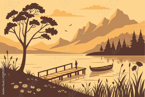 116 Sunset landscape, serene lake, wooden pier, silhouette mountains, golden sky, reflective water, small boat, wildflowers, calm atmosphere, vector art style, warm orange tones, peaceful scenery, min